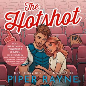 Audiobook cover of The Hotshot featuring an illustrated couple hugging in the bleachers.