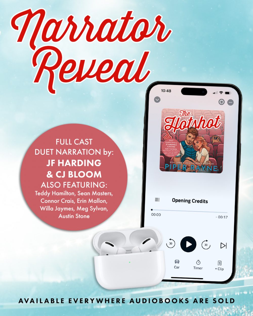 Graphic of a narrator reveal featuring a cell phone displaying The Hotshot audiobook.