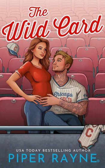 Book cover of The Wild Card by Piper Rayne, featuring an illustrated baseball player sitting beside a pregnant woman in stadium seating.