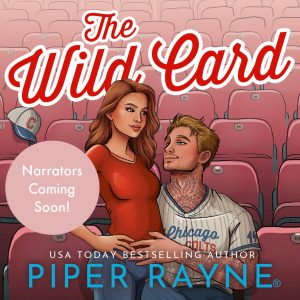 An audiobook cover of The Wild Card featuring an illustrated couple in the bleachers where a woman is pregnant and a man has his hand placed on her belly.
