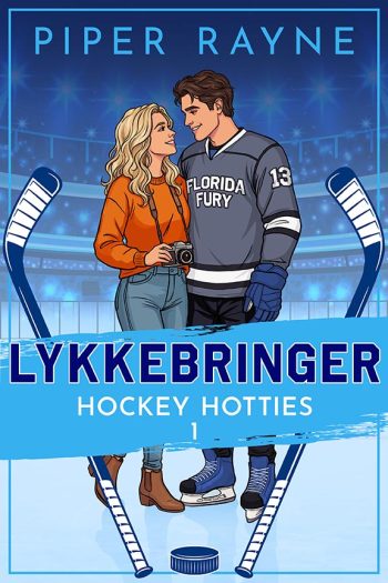 Book cover of Lykkebringer by Piper Rayne, featuring an illustrated hockey player standing beside a woman holding a camera on an ice rink.