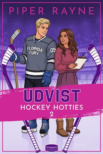 Book cover of Udvist by Piper Rayne, featuring an illustrated hockey player standing beside a woman holding a notepad on an ice rink.