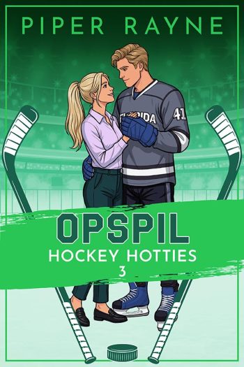 Book cover of Opspil by Piper Rayne, featuring an illustrated hockey player embracing a woman on an ice rink.