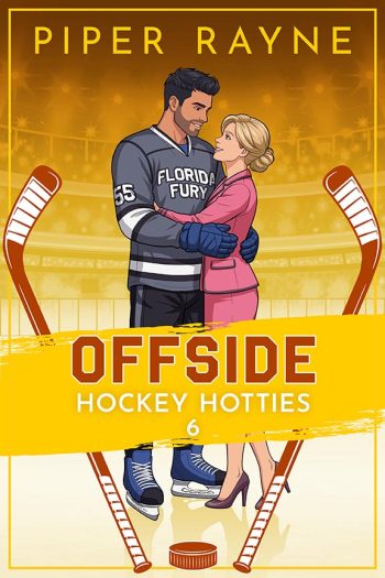Book cover of Offside by Piper Rayne, featuring an illustrated hockey player embracing a blonde woman on an ice rink.